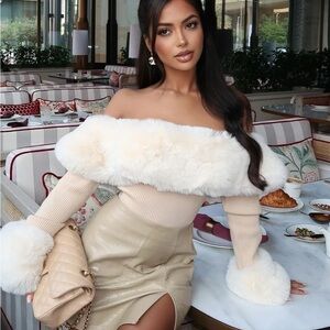 Off-Shoulder Cream Faux-Fur Trim Sweater